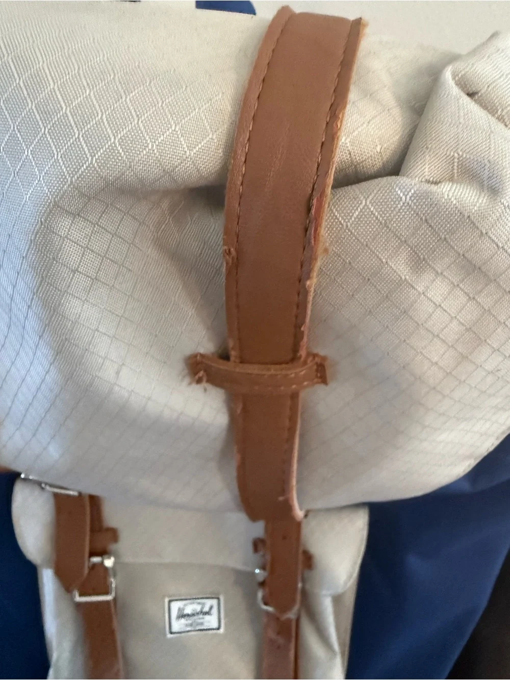 Herschel Supply Company Navy and Cream Canvas Backpack with Tan Straps